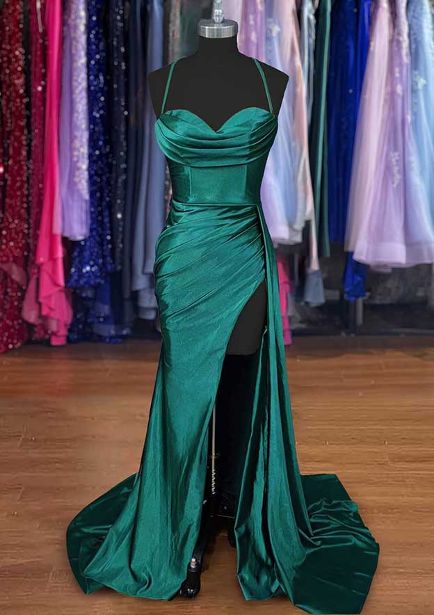 TingPo Wholesale A-line Sweetheart Spaghetti Straps Sweep Train Silk like Satin Ruched Prom Dress